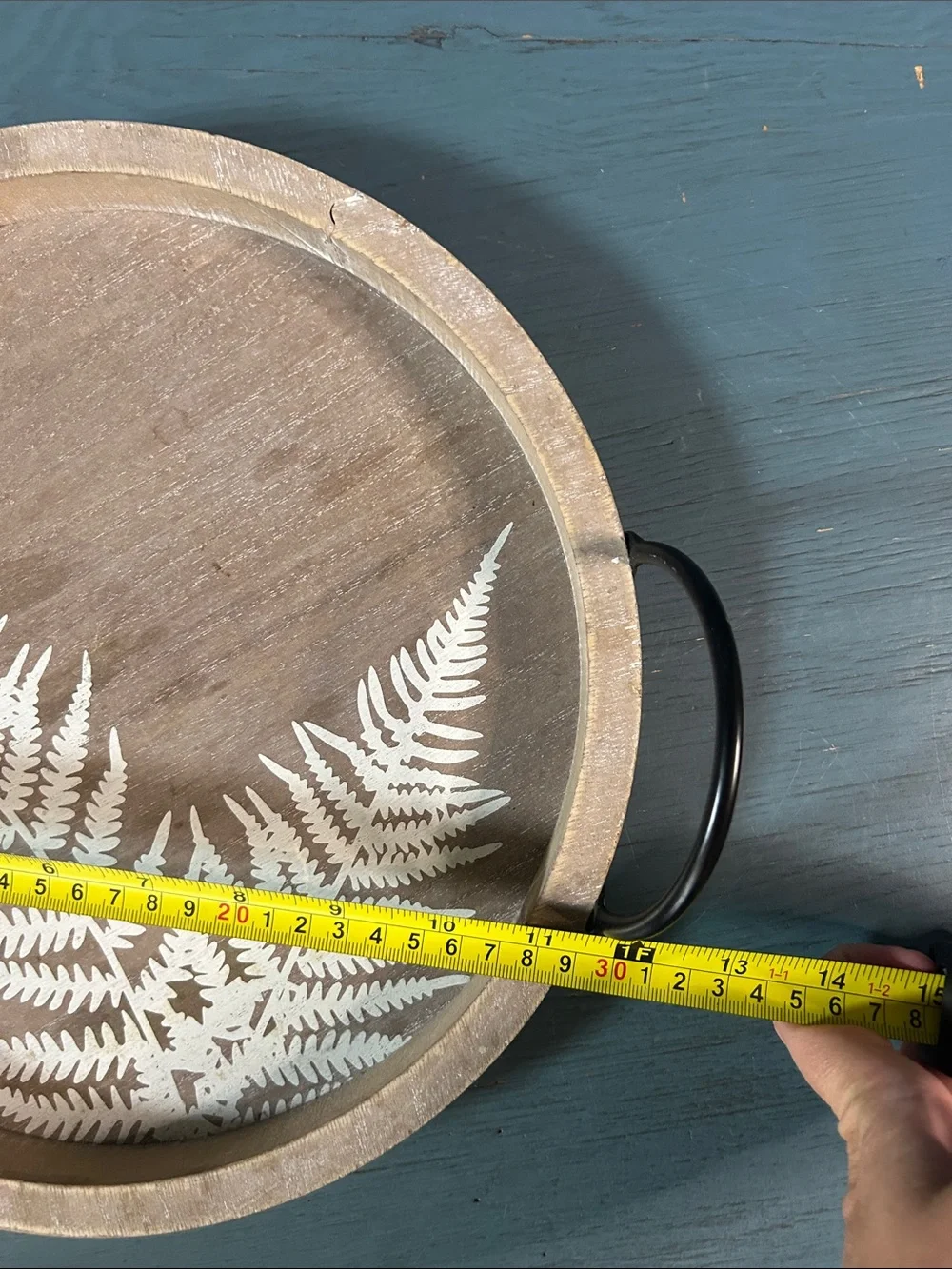 Hand Crafted Natural Wood Tray with White Fern and Black Handles | 11” Round